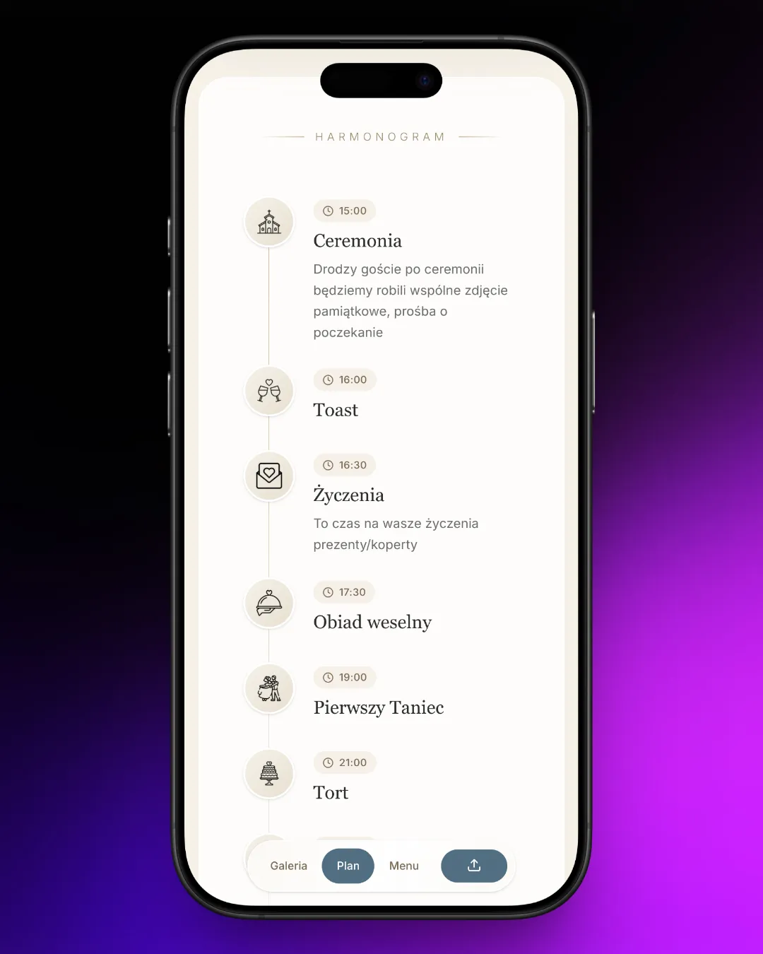 Harmonogram wesela na telefonie